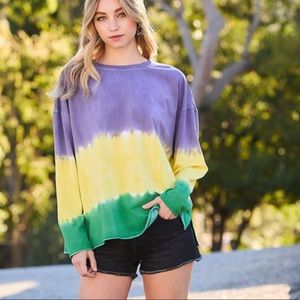 Main Strip Tie-Dye Long Sleeve Tee in Purple, Yellow, Green